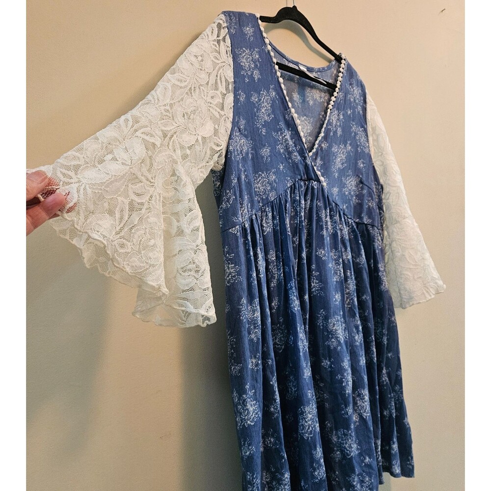 Honeyme Blue Floral Lace Bell Sleeve Mini Babydoll Dress Tunic Peasant Boho Sz M